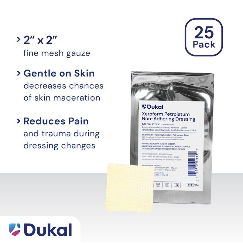 Dukal 214 Xeroform Petrolatum Gauze, Sterile, 2" W x 2" L 25 Count (Pack of 1) - Image 4